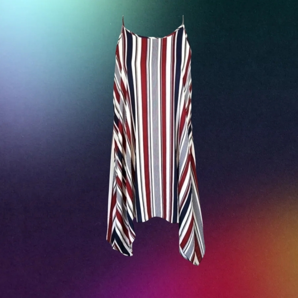 Vintage Shift Dress Black Red White Stripes Asymmetrical Hem Cami Dress, L